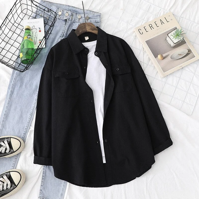 Loose Womens Shirts Autumn Blouses Casual Long Sleeve 100% Cotton Office Tops Blusas Female Clothes Double Pockets Solid Outwear