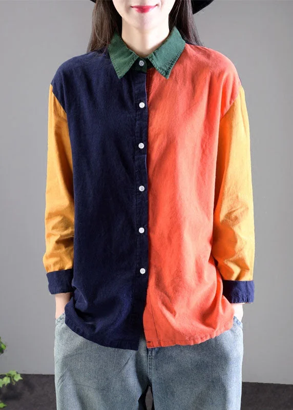 Unique Colorblock Peter Pan Collar Patchwork Corduroy Blouse Top Long Sleeve