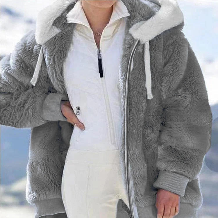 2021 new autumn and winter loose plush zipper hooded jacket women
