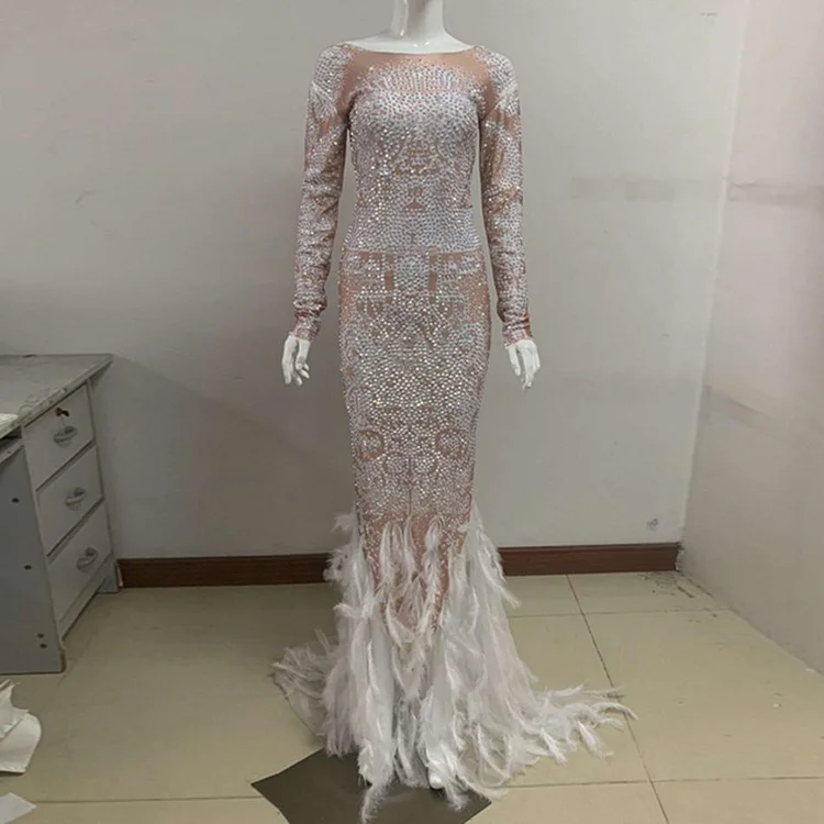 Promsstyle Promsstyle Feather beads long sleeve floor length dress Prom Dress 2023
