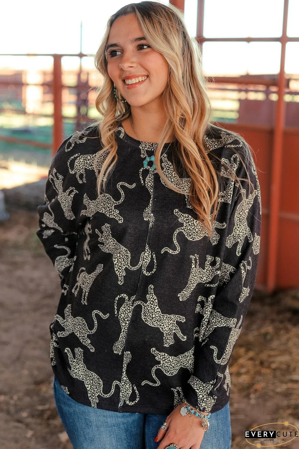 Elegant Black Cheetah Print Top with Long Sleeves