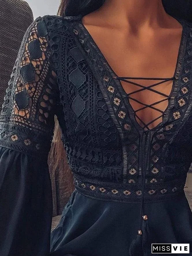 Deep V-neck Tie Long Sleeve Mini Dress for Women