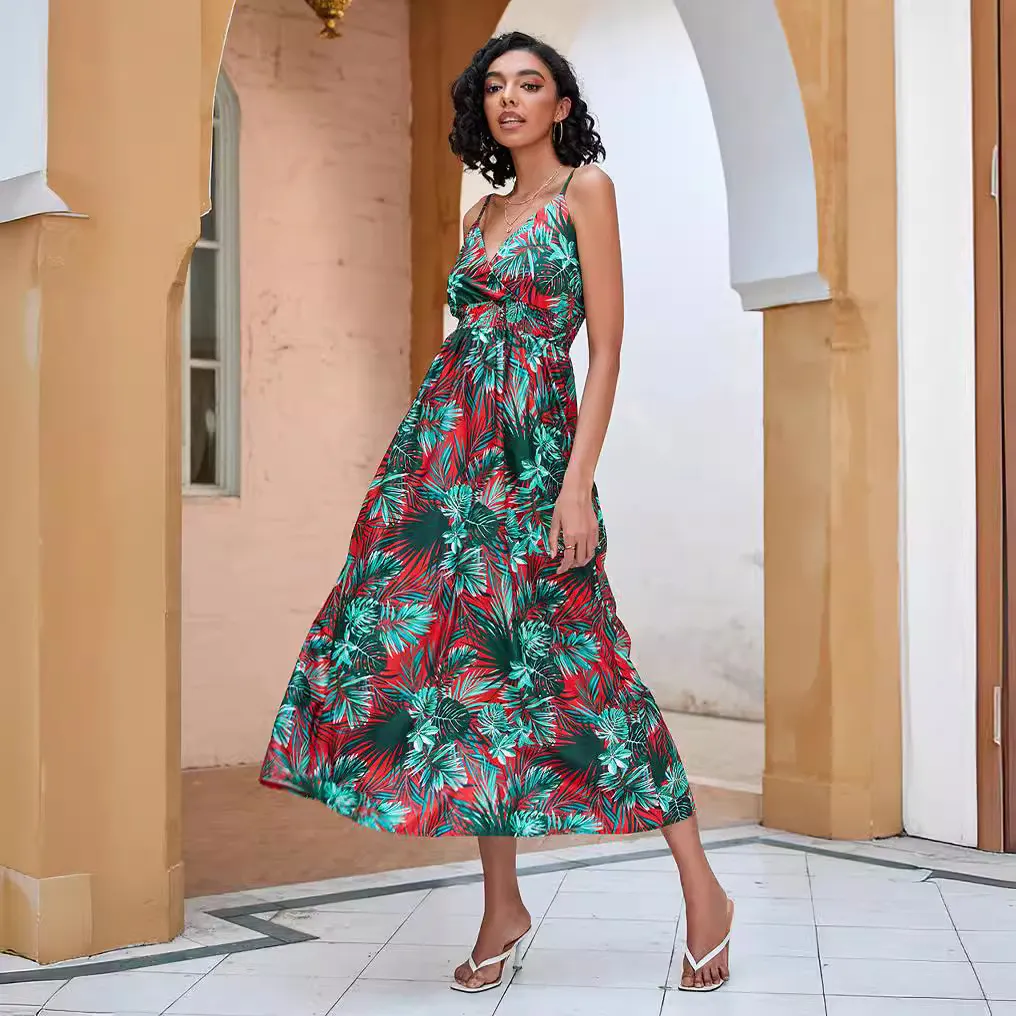 Churchf Women's Dress Station Summer Print Collection Waist Long Sling Dress