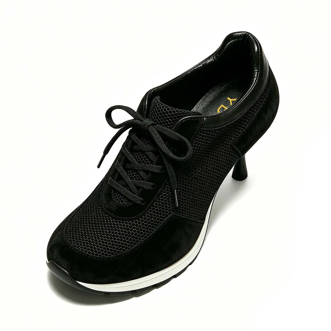 Mesh Patchwork Round Toe Lace Up Sneaker Stiletto Heel All Black Shoes