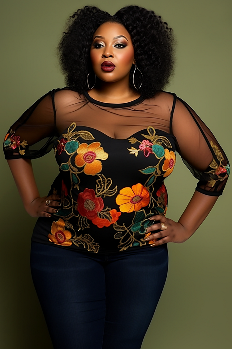 Xpluswear Design Plus Size Daily Black Floral Round Neck 3/4 Sleeve See Through Knitted Blouses