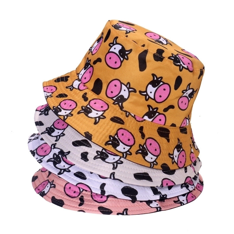 Unisex Cartoon Style Cute Minimalist Cows Printing Flat Eaves Bucket Hat