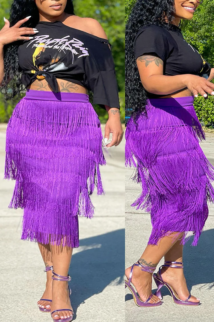 Purple Casual Print Tassel Split Joint O Neck Plus Size Two Pieces