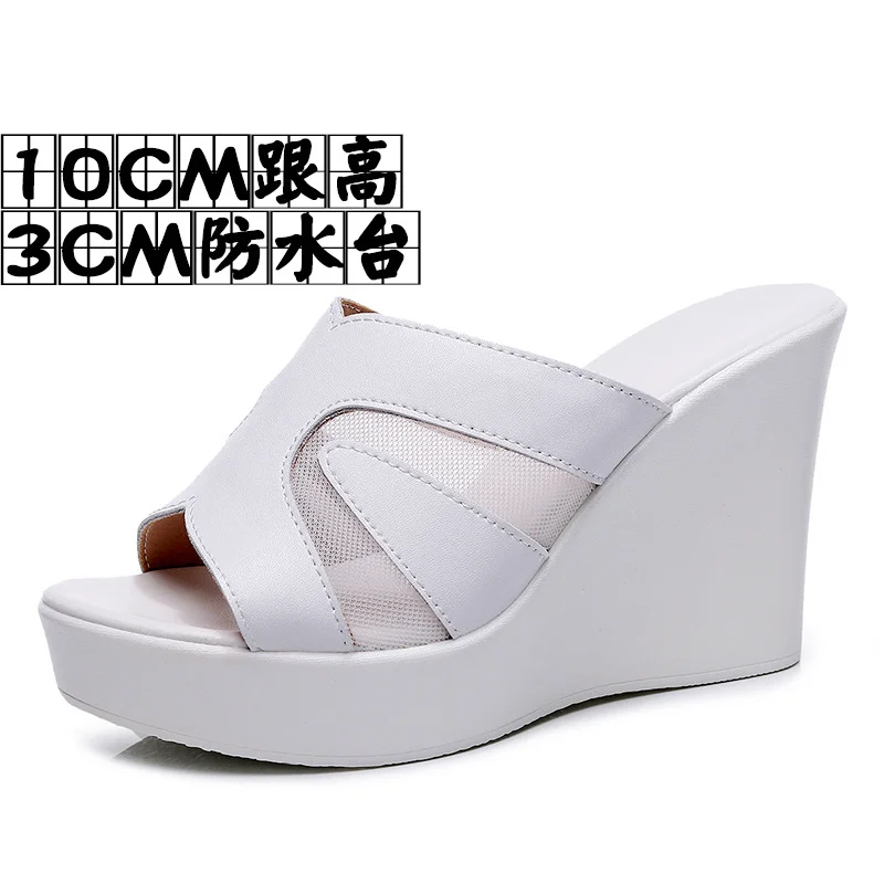 Breakj Breakj Outside The Slope And A Word Drag Summer New Pine Cake Thick Bottom Waterproof Table Hollow High And Fish Mouth Mesh Slippers Woman