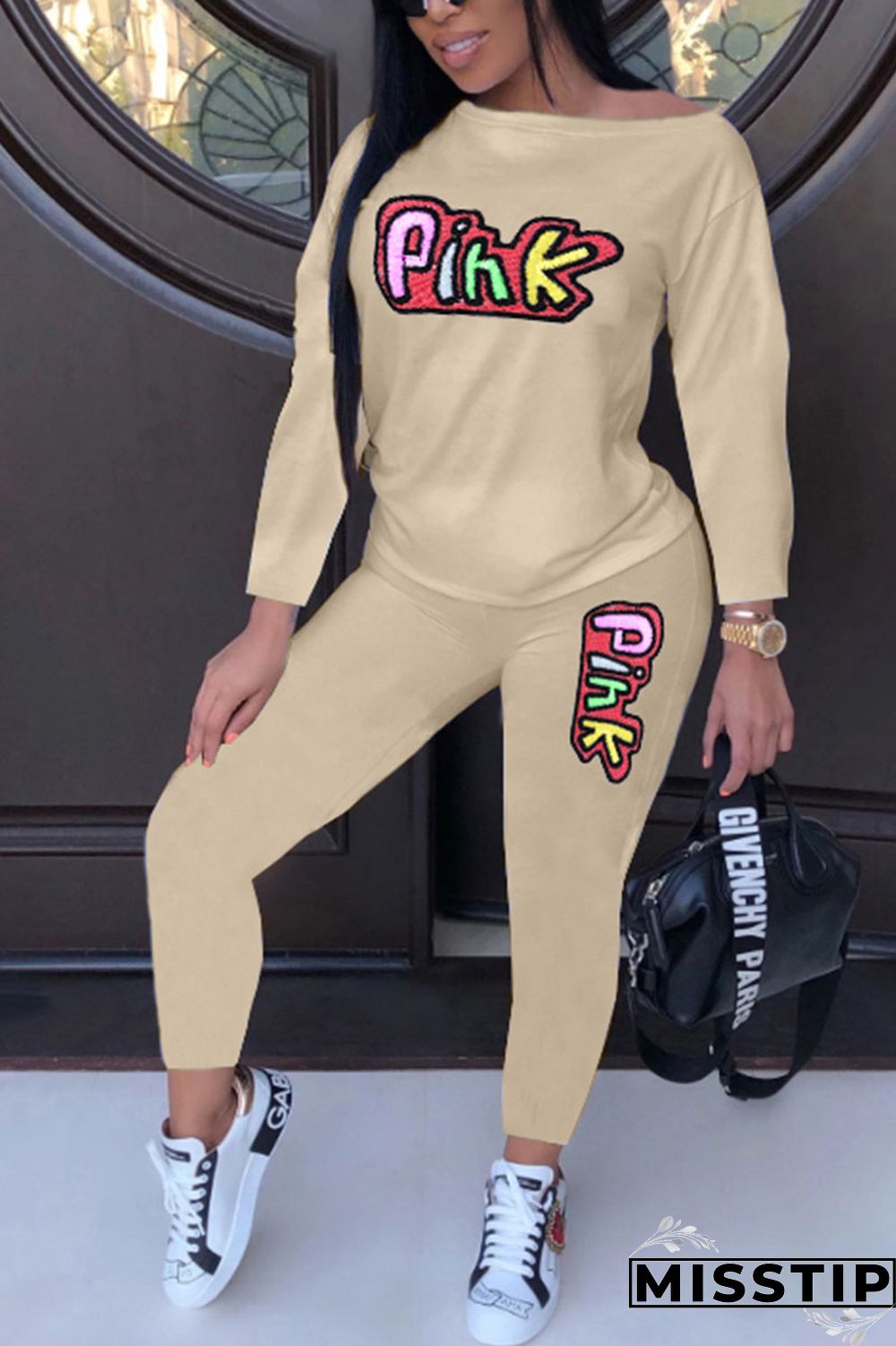 Khaki Casual Patchwork Embroidered O Neck Long Sleeve Two Pieces