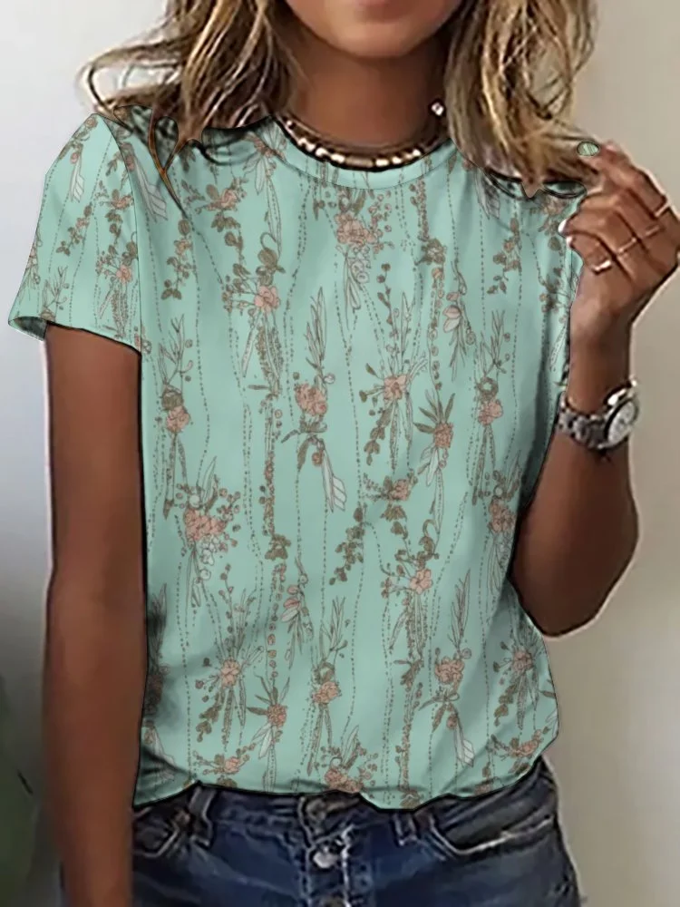 Printed Short Sleeve Casual T-shirt for  Women and Men Unisex Pattern Green, Red, Floral