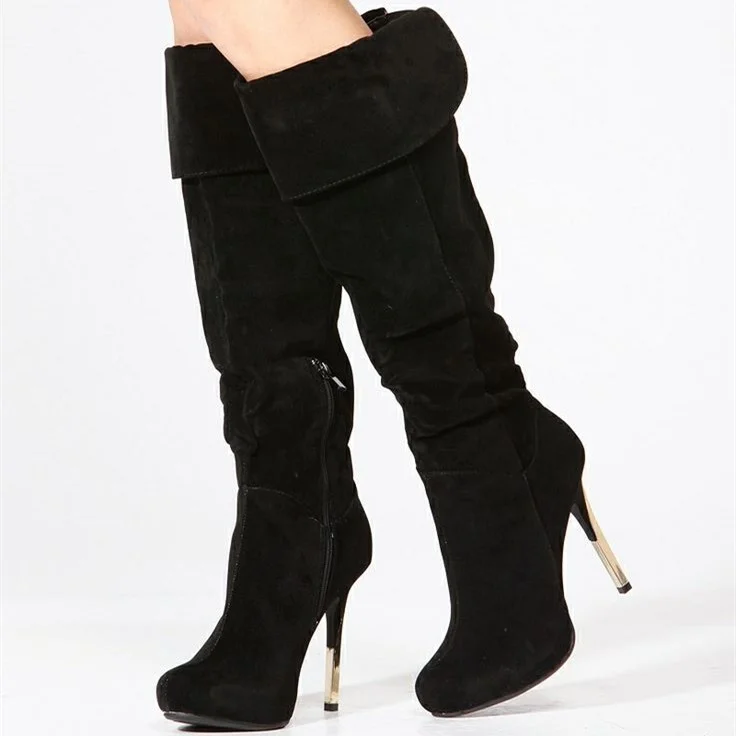 Black Slouch Knee-high Boots Stiletto Heels by VDCOO Vdcoo