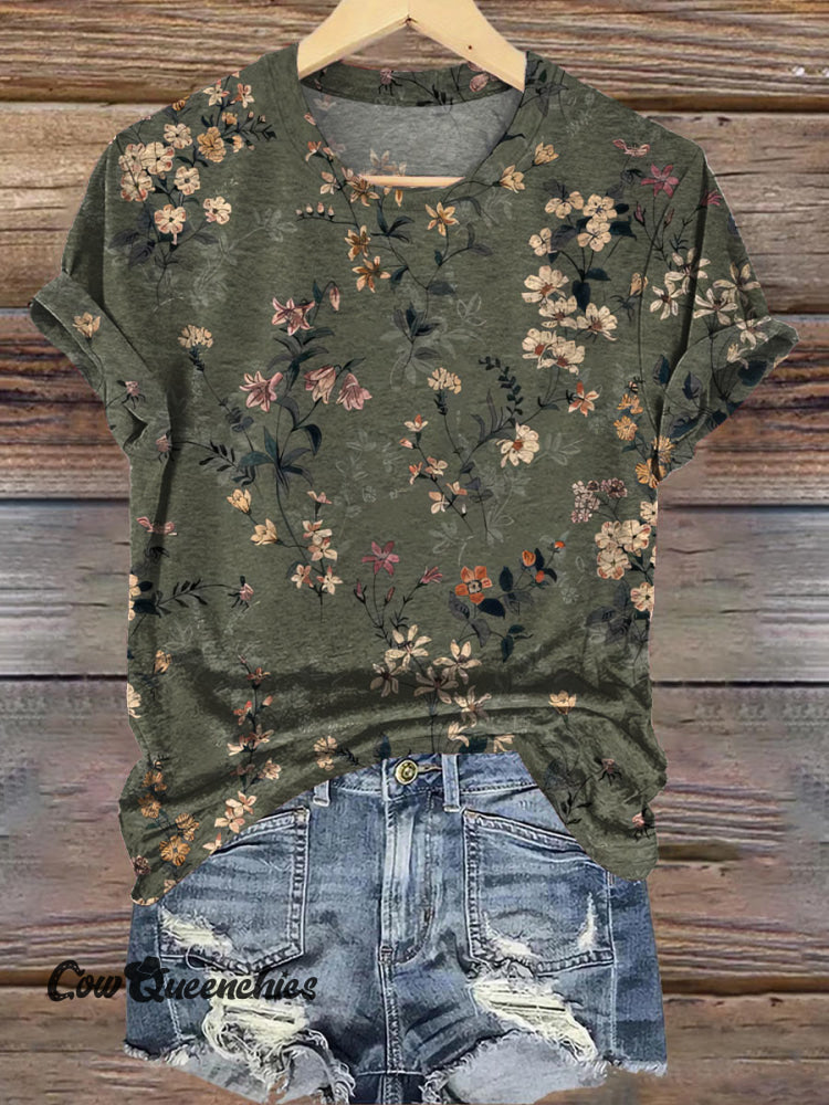 Retro Green Classic Floral Printed Casual T-shirt Green / S