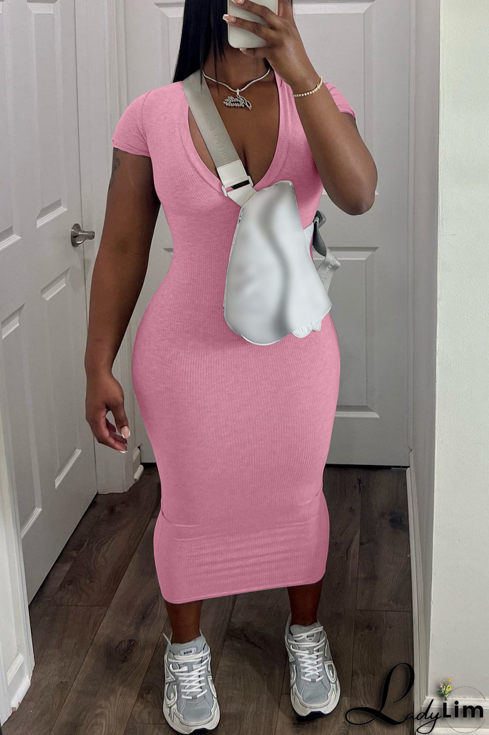 Coffee Casual Solid Basic V Neck Short Sleeve Dress Dresses