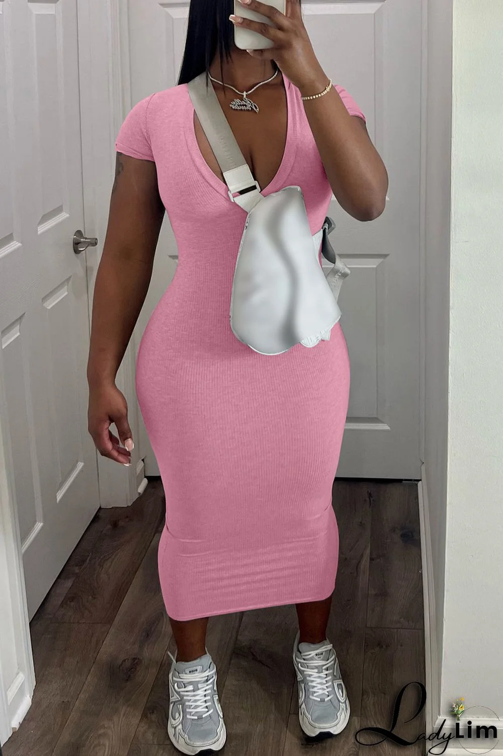 Coffee Casual Solid Basic V Neck Short Sleeve Dress Dresses