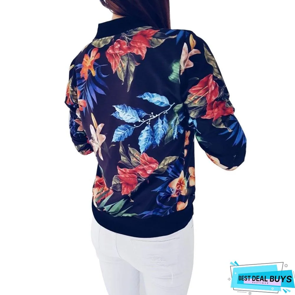 Women Coat Retro Floral Print Zipper Up Jacket Casual Coat Long Sleeve Outwear Women Basic Jacket Bomber