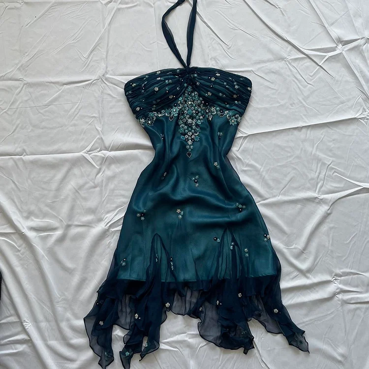 Blue floral beaded short halter chiffon homecoming dress birthday party dress