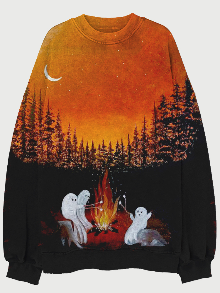 Vintage Halloween Ghost Art Crew Neck Washed Sweatshirt wearshes