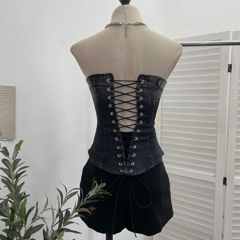 Churchf Vintage Denim Print Strap-On Corset Tsets Tsets Tsets Tsets Sleeveless Short Tops