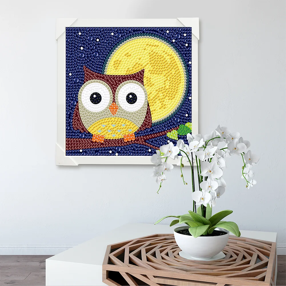 5D DIY Full Round Crystal Rhinestone Diamond Painting Owl Kit Home Decor Art Craft For Kid(Canvas|15*15cm)【with Wooden Frame】