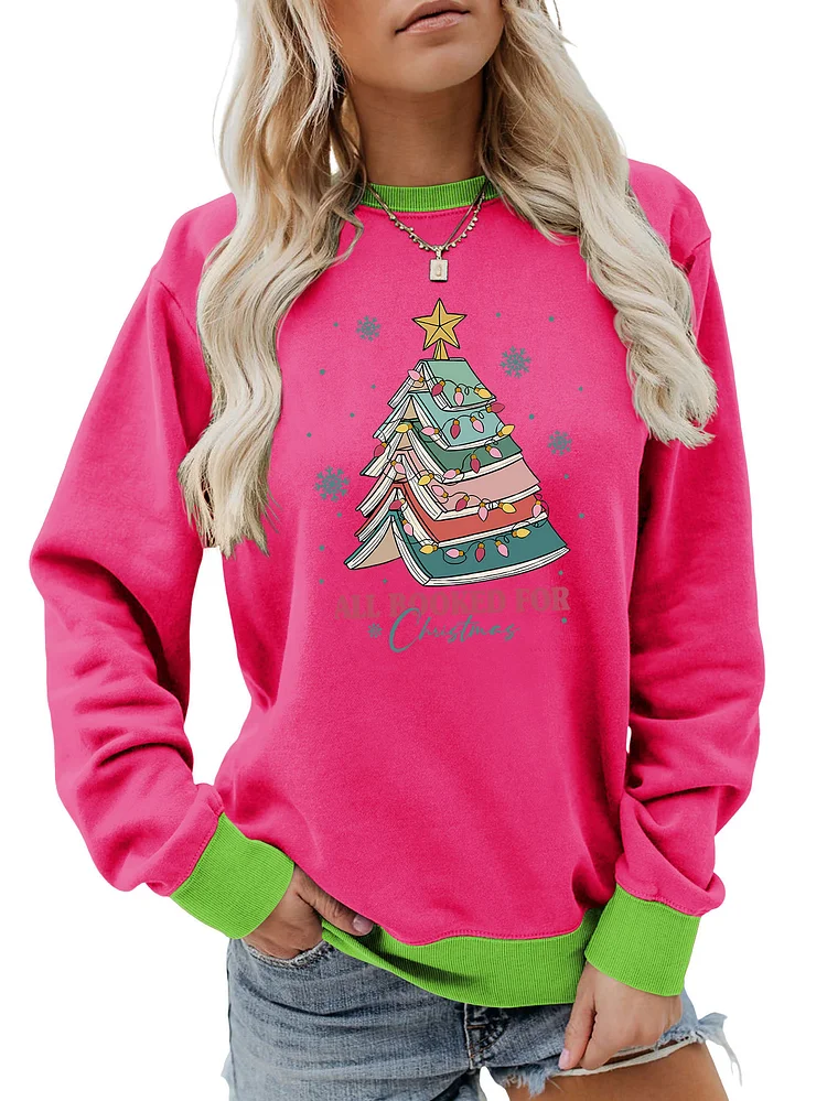 Womens All Books for Christmas Tree Print Funny Pink Sweatshirt Crew Neck Christmas Holiday Sweatshirt