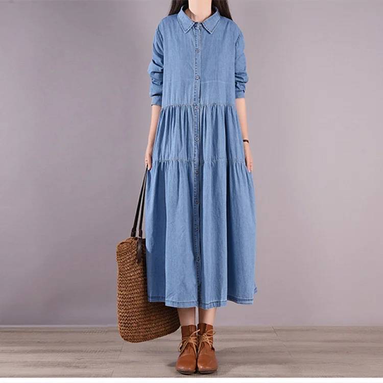 Loose Pleated Denim Long Sleeve Lapel Midi Dress