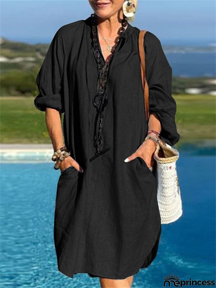 Ladies Spring Linen Solid V Neck Loose-fitting Dress