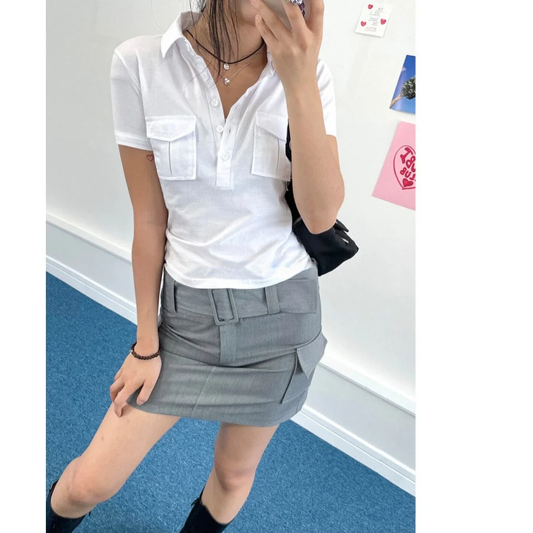 Woherb Shirts Women Casual Tshirt Woman Turndown Collar Pocket Loose Tees Tops Ropa Mujer Korean Summer Chic White Y2k T-shirts