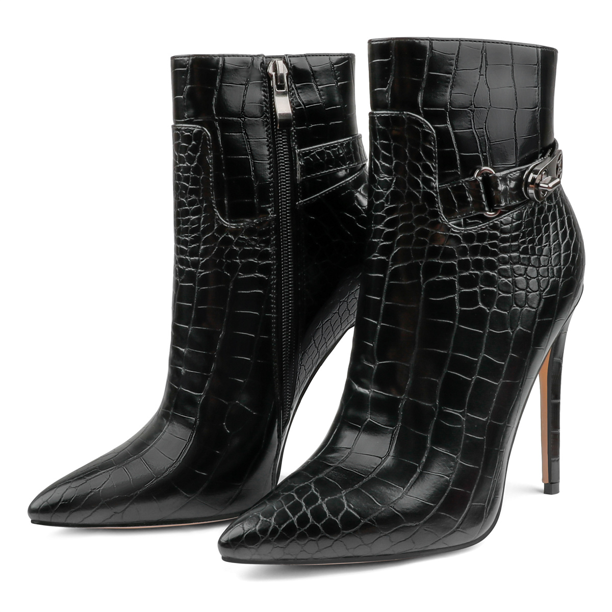 12cm/4.72 inch Pointed Toe Stiletto Crocodile Ankle Booties With Metal Buckle