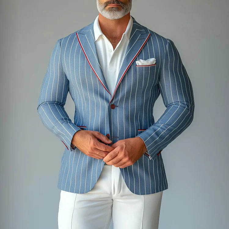 Men's Pinstripes Pattern Peak Lapel Long Sleeve Two Button Blazer