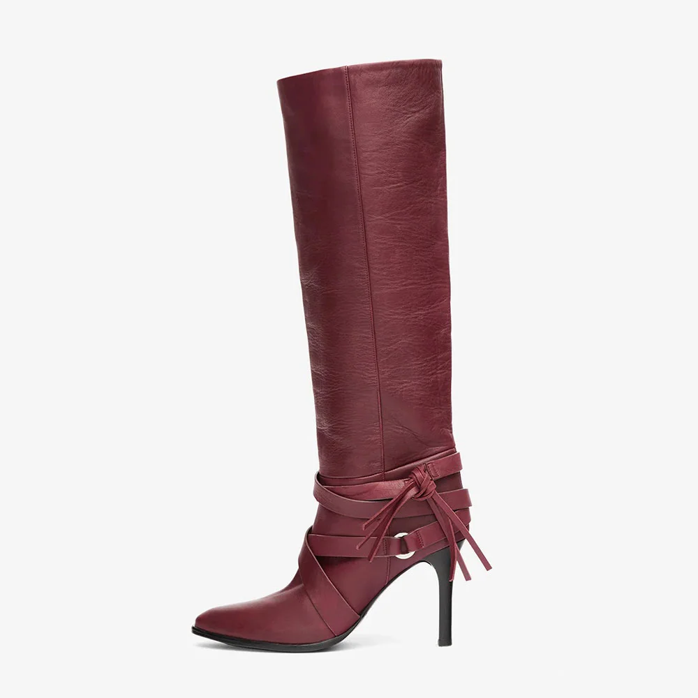 Vegan Leather Pointed Toe Cross Strap Knee High Heel Boots in Maroon