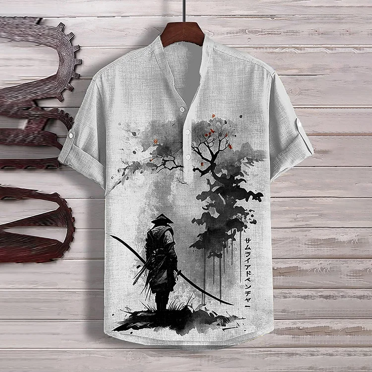 Men's Japanese Samurai Ink Art Print Half Button Shirt