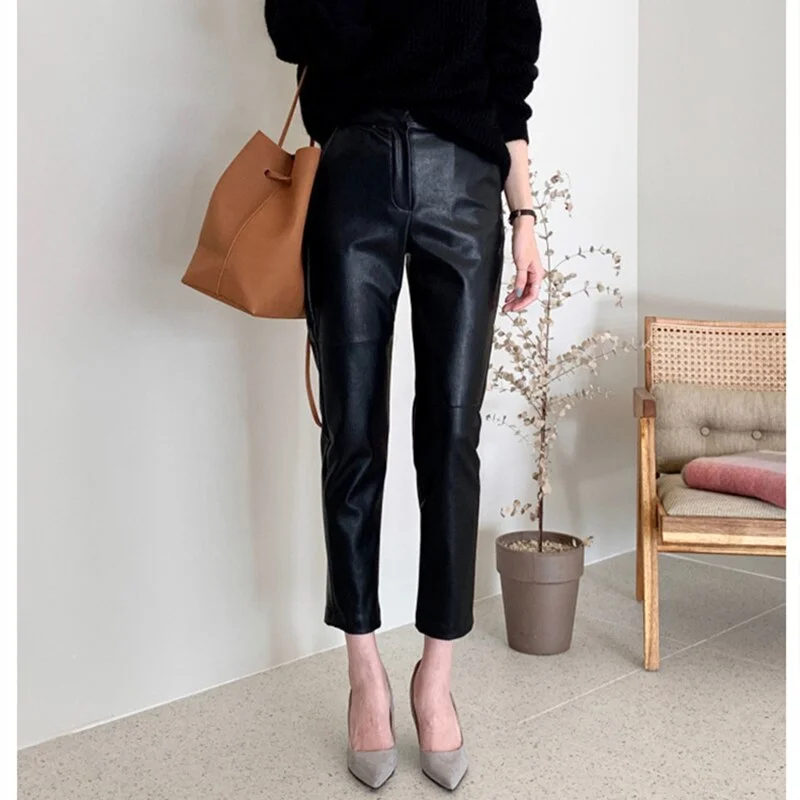 Faux Leather High Waisted Harem Pants Women Fashion Female PU Ankle Trousers