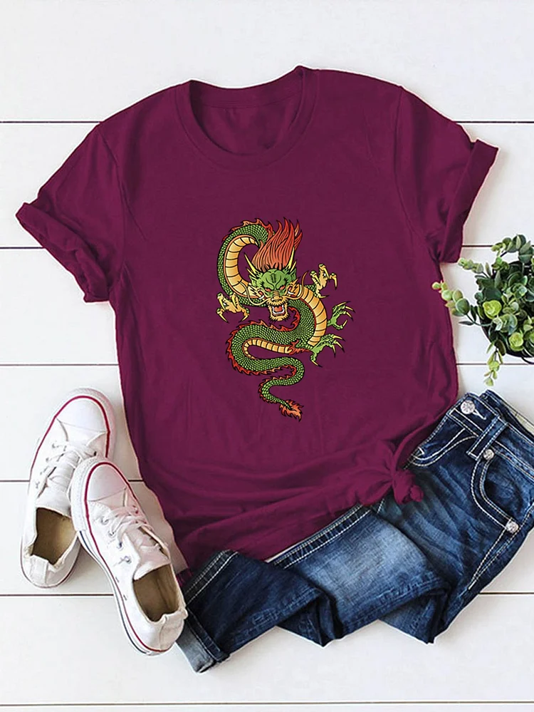 Bestdealfriday Oriental Dragon Printed Round Neck Cotton T-Shirt 9558999