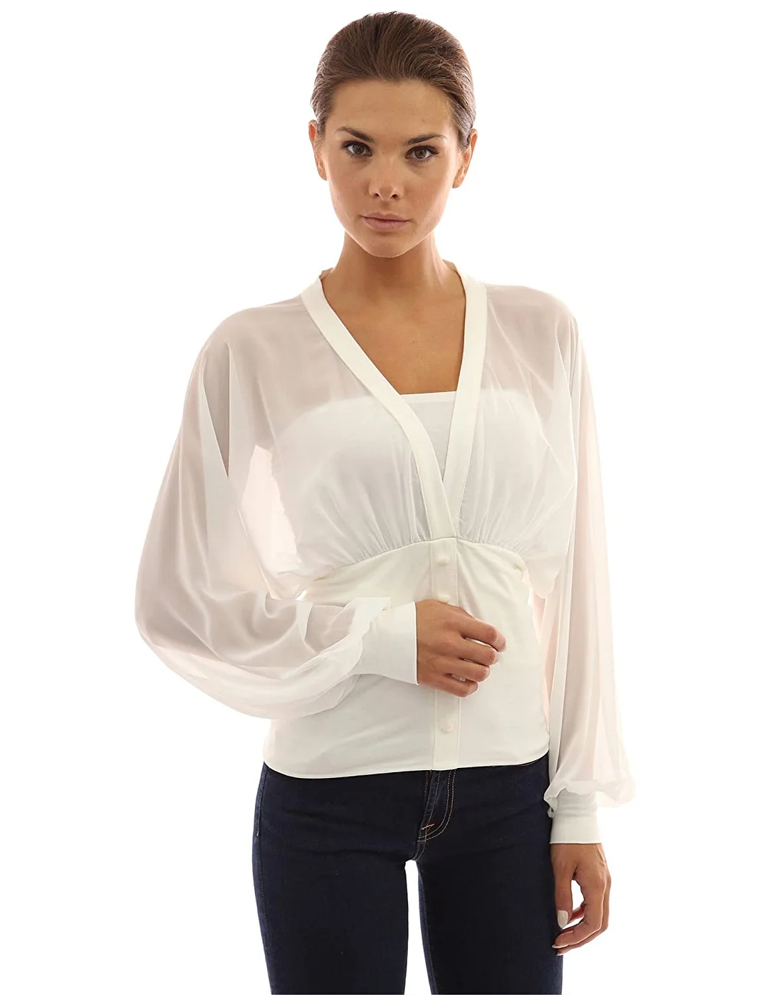 Women Chiffon Long Sleeve Fitted Waist Pullover Blouse