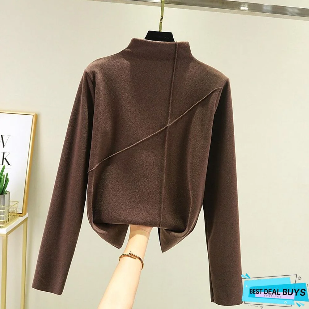 Women's T shirt Tee Light Pink dark brown A Plain Long Sleeve Daily Basic High Neck Regular Fleece lined XXL (recommended 140-160 catties)