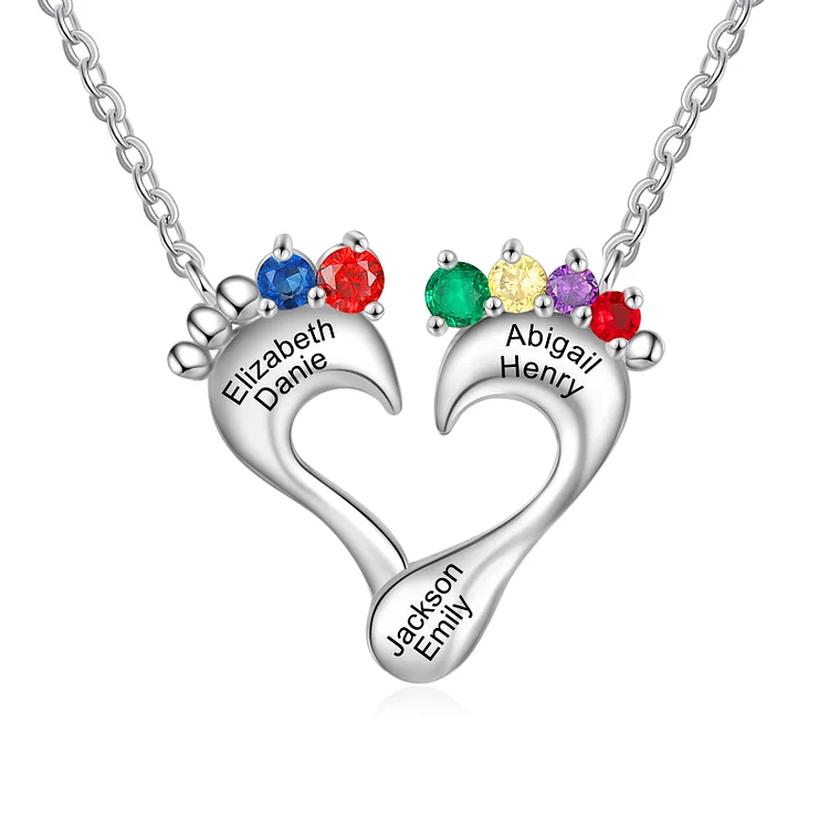 Personalized Heart Baby Feet Necklace with 6 Birthstones Engraved Names for Mom