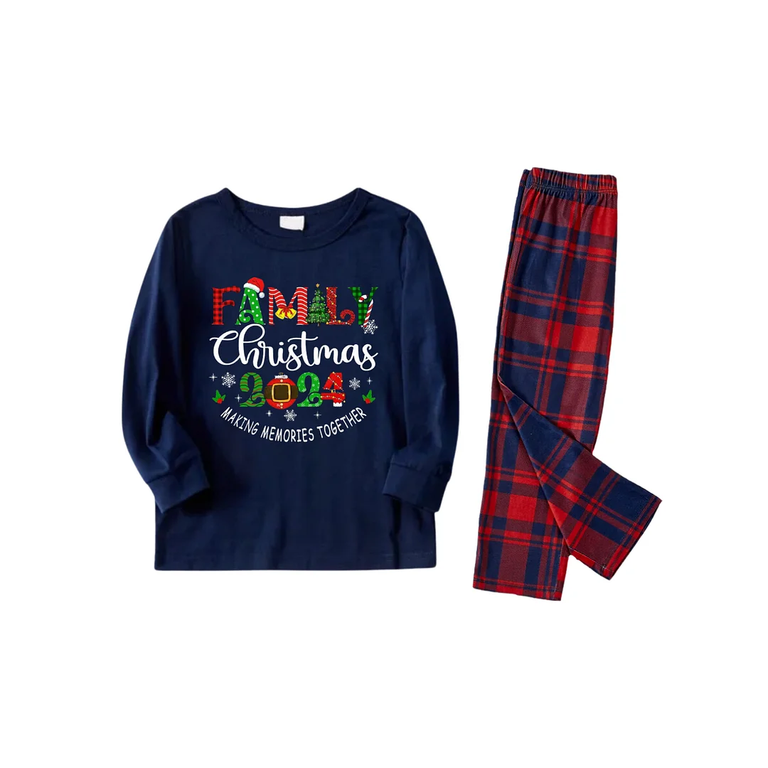 Cute "Family Christmas 2024" Text Prints Blue Long Sleeves Top with Red and Blue Plaid Pants Christmas Matching Pajamas
