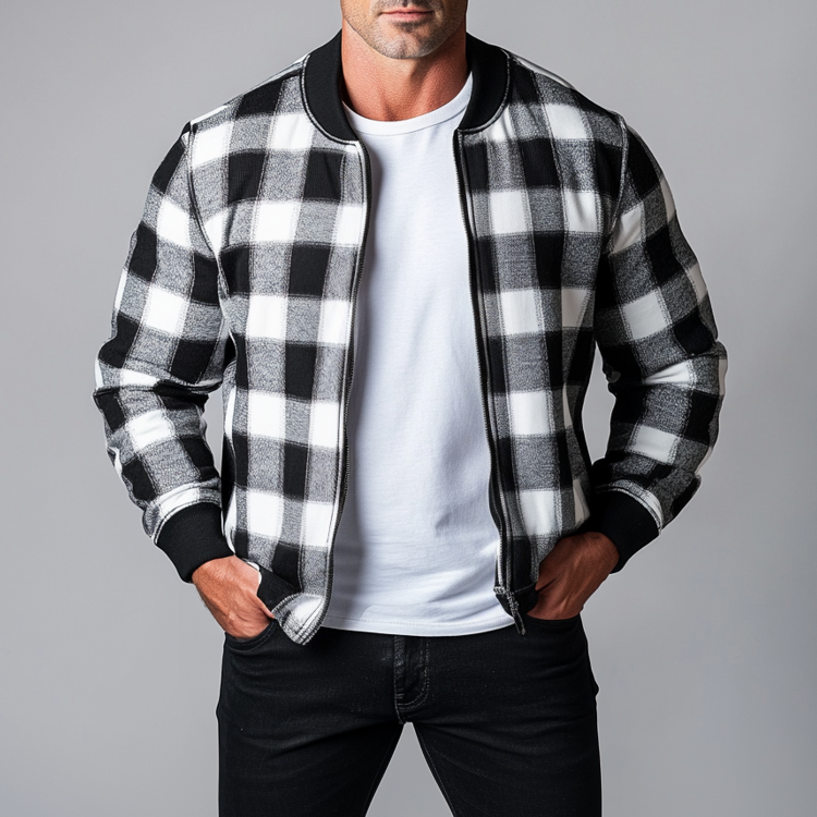 Men's Plaid Stand Collar Long Sleeve Zip Up Jacket