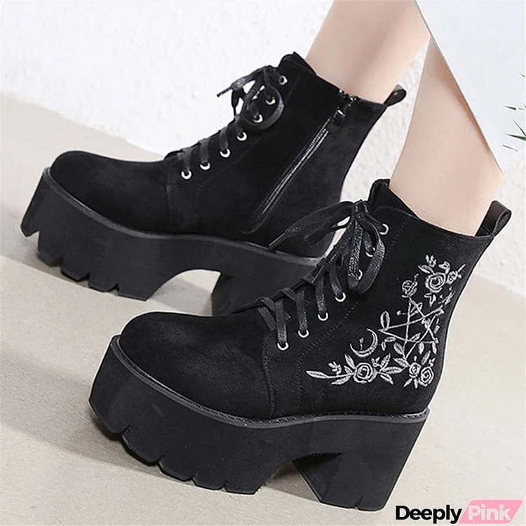 New Fashion Flower Embroidered Platform Boots Chunky Punk Lace-Up Pumps