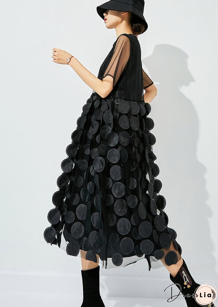 Women Tea Green O-Neck Patchwork Dot Tulle Holiday Dress Summer