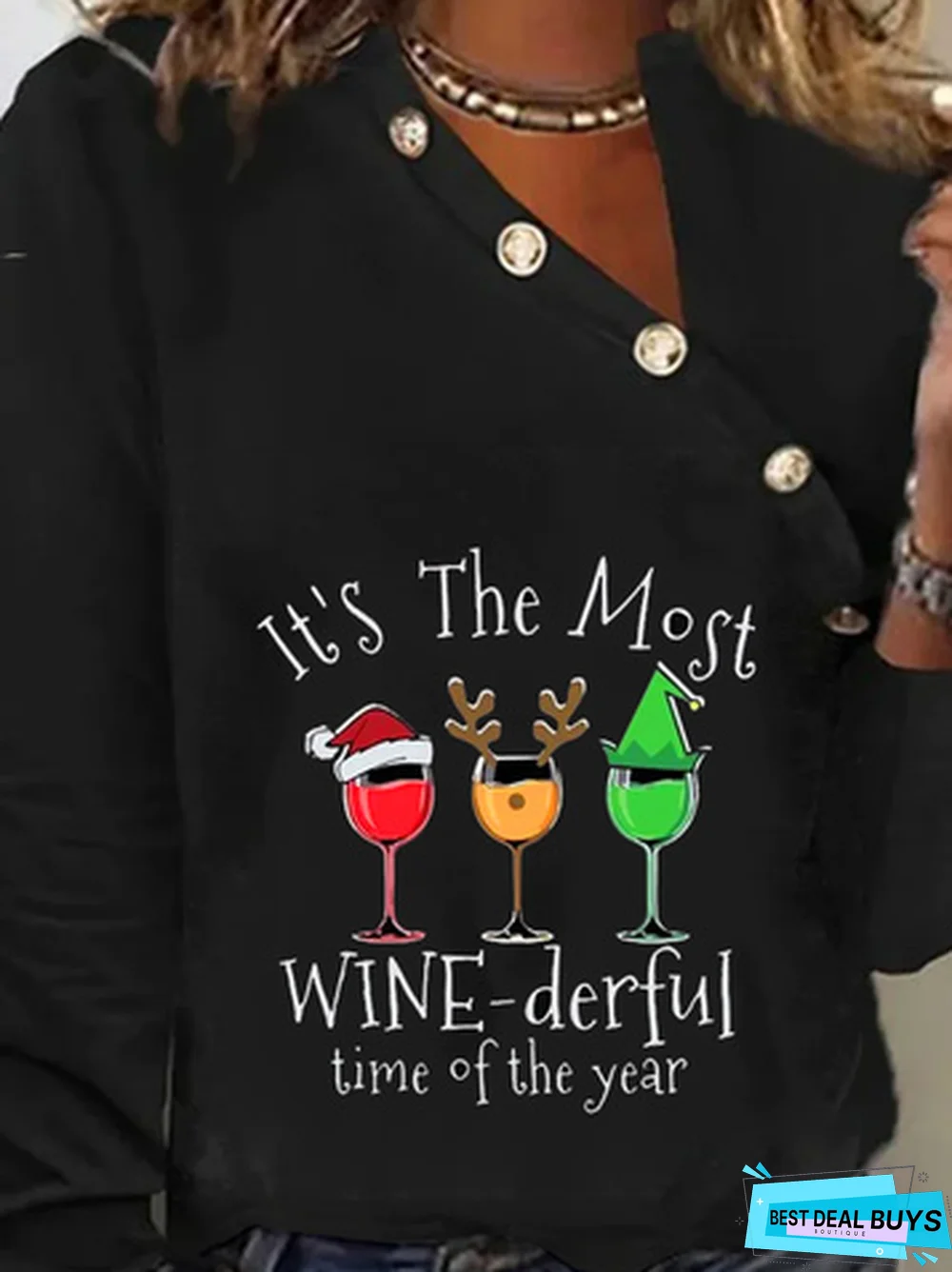 Christmas Holiday Buckle Casual Loose Long sleeve V neck T-Shirt