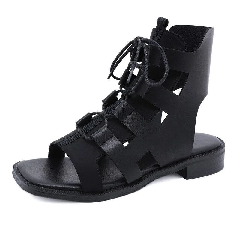 Gdgydh Lace Up Gladiator Sandals Square Open Toe 2021 New Arrival Low Heel Summer Shoes Women Black Punk Backsling Vintage