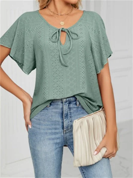 Women's Summer Short-sleeved V-neck Solid Solor Hollow Tie Fashion Casual Top