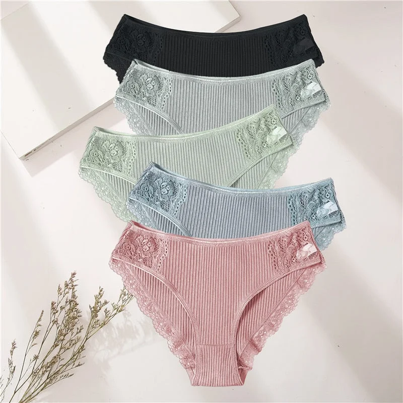 FINETOO 5PCS/Set Women Cotton Underwear Panties Floral Lace Soft Intimates Underpant For Woman Sexy Ladies M-XXL Lingerie Panty