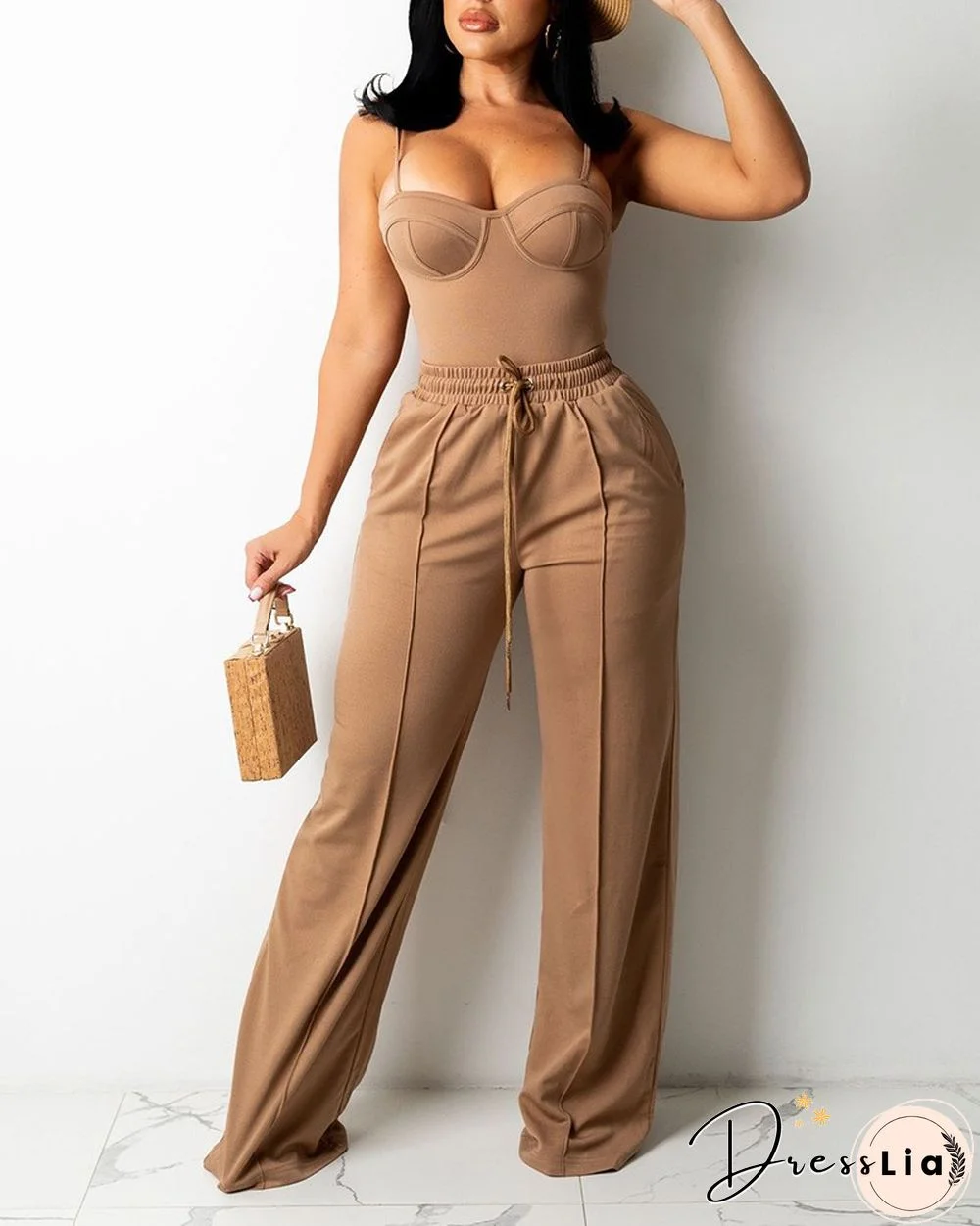 Zipper Back Cami Top & Wide Legs Contrast Pipping Pants Set