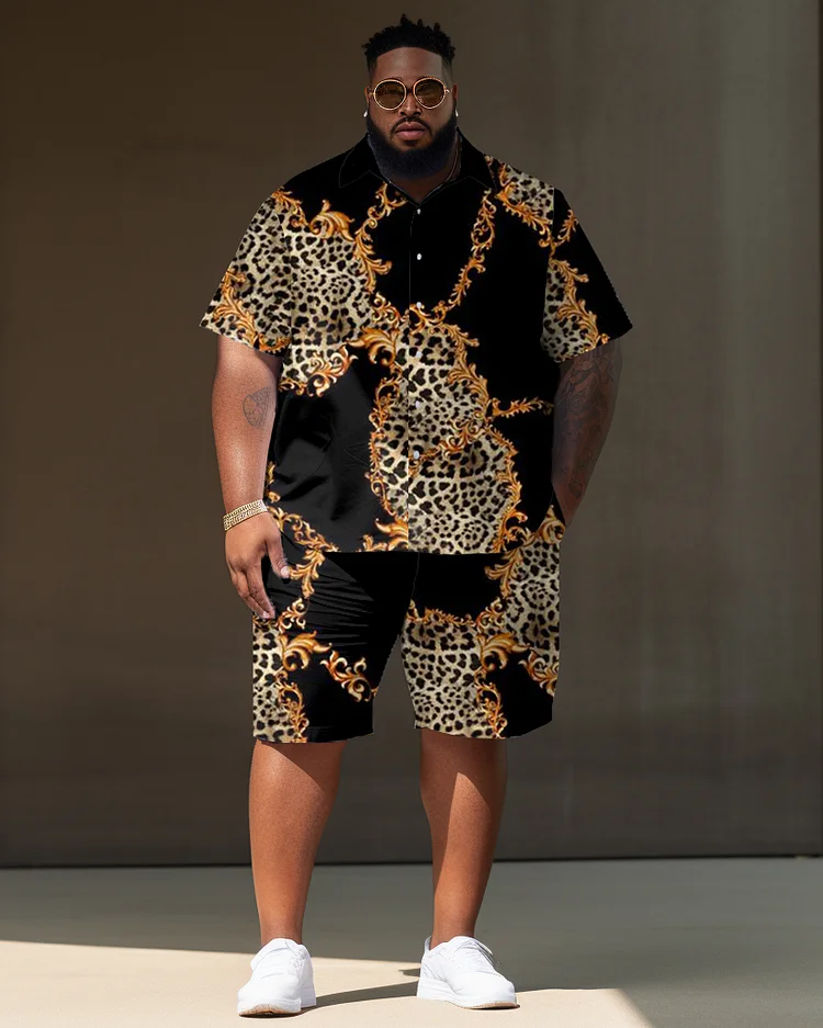 Men's Plus Size Retro Irregular Leopard Print Short Sleeve Shirt Shorts Set