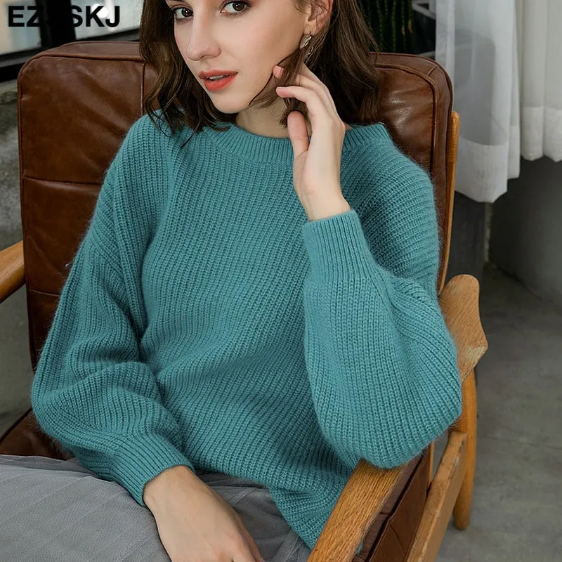 EZSSKJ Soft oversized Cashmere Sweaters Women 2021 puff sleeve Winter sweater Pullovers Loose Female  Warm Basic sweater Jumper
