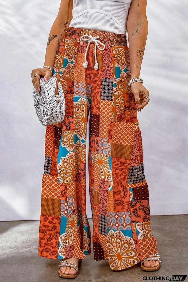 Bohemian Patchwork Drawstring Wide Leg Pants