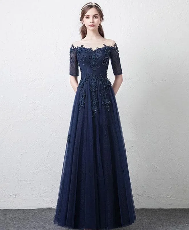 Dark Blue Tulle Lace Long Prom Dress, Bridesmaid Dress