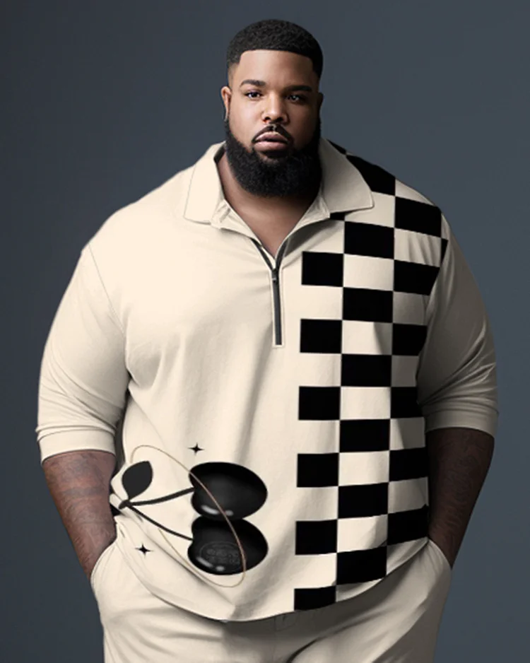 Men's Plus Size Gentleman Cherry Checkerboard Polo Zip Shirt and Pants Two-Piece Set